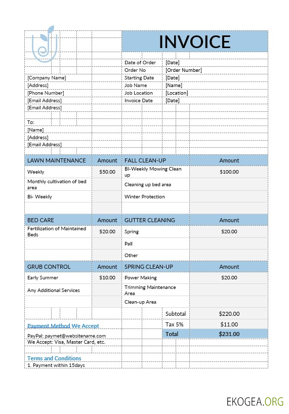 Modèle de facture d'entretien de pelouse